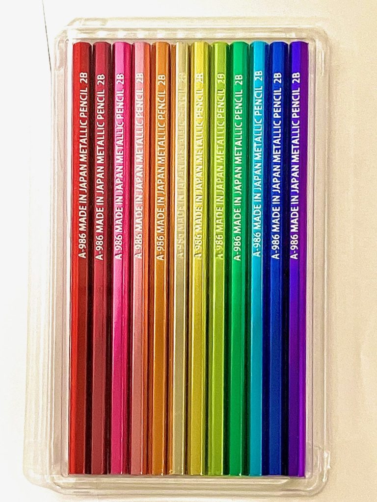 Eyeball Pencil Co., Ltd. A-986 Metallic Hexagonal Pencil 2B set with engraved lettering “MADE IN JAPAN METALLIC PENCIL 2B”, 12-piece blister pack.